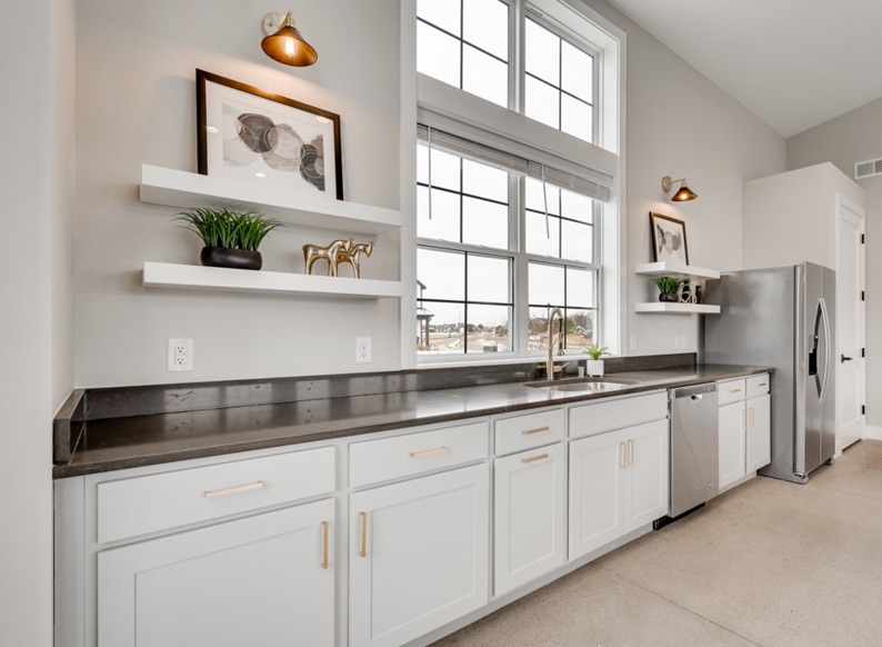 Canyon TruWhite cabinetry with floating shelves